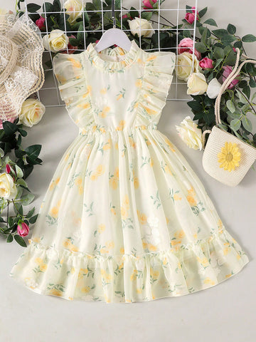 Young Girl Yellow Embroidered Sleeveless Waisted Dress