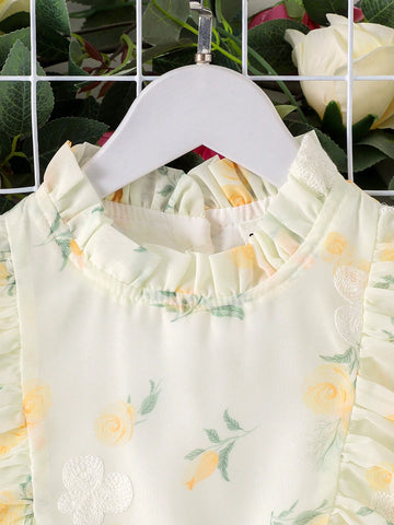 Young Girl Yellow Embroidered Sleeveless Waisted Dress