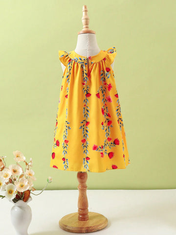 Young Girl Yellow Floral Casual Spring Break Cap Sleeve Dress