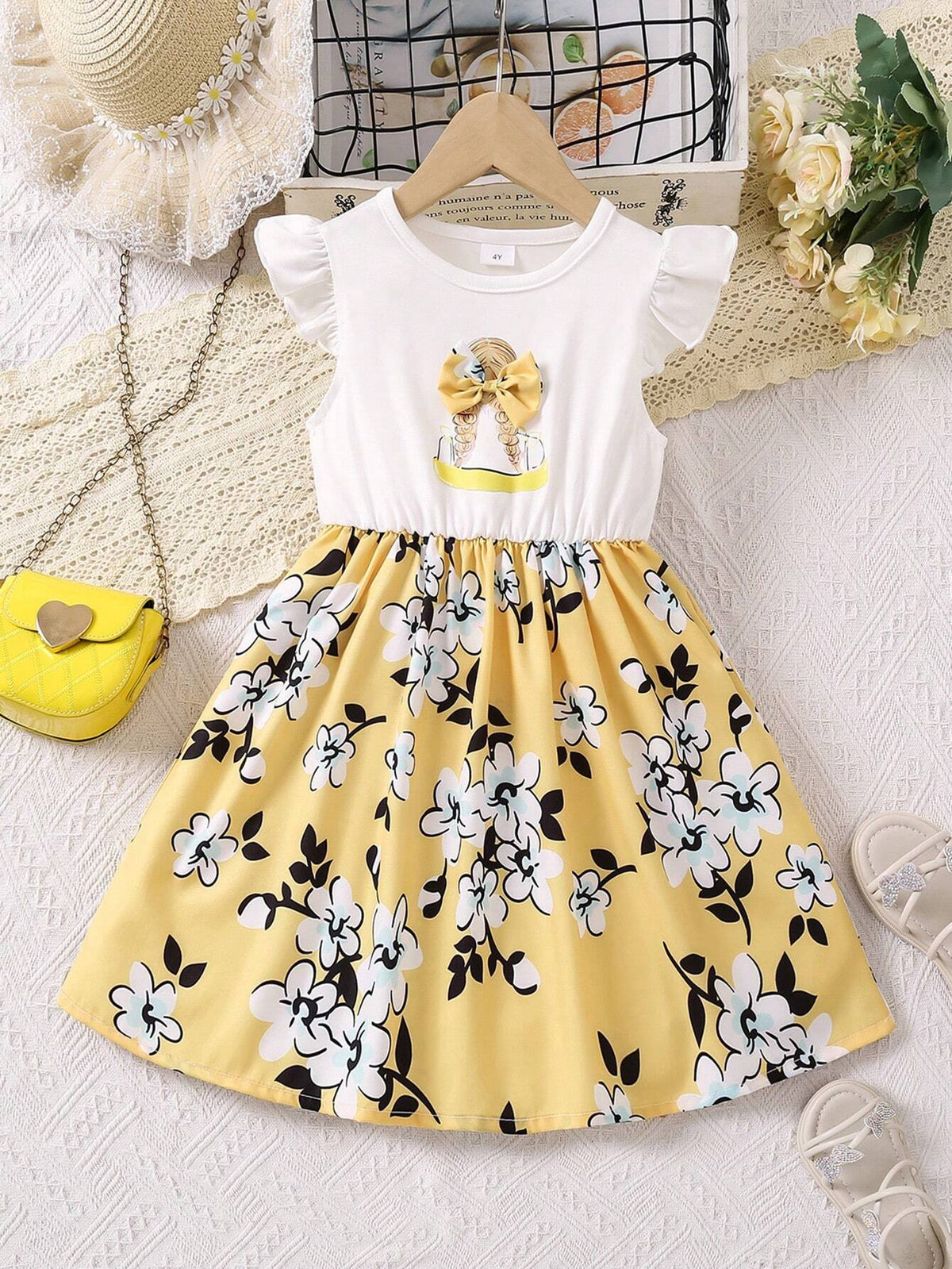 Young Girl Yellow Floral Holiday Dress With Bowknot, 3D Design, Casual, Elegant And Ladylike Style For Spring, Summer And Autumn