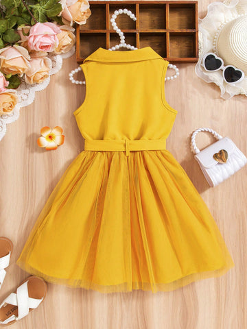 Young Girl Yellow Floral Sleeveless Princess Dress, Sleeveless Design With Double-Breasted Button, Cinched Waist For Elegant Princess Style