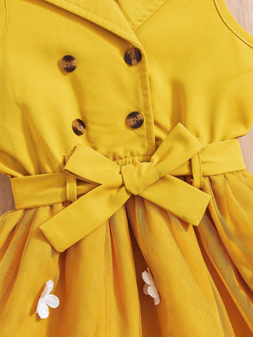 Young Girl Yellow Floral Sleeveless Princess Dress, Sleeveless Design With Double-Breasted Button, Cinched Waist For Elegant Princess Style
