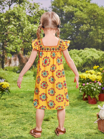 Young Girl Yellow Holiday Full Print Ruffle Armhole Dress