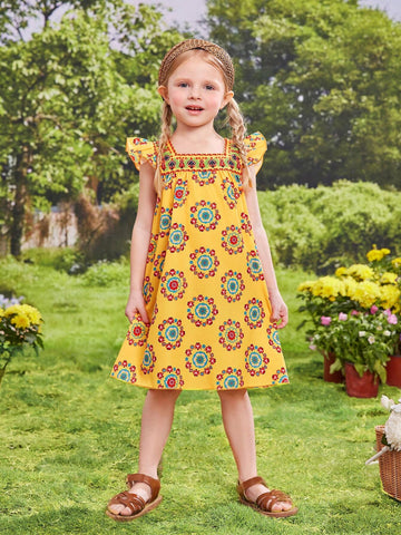 Young Girl Yellow Holiday Full Print Ruffle Armhole Dress