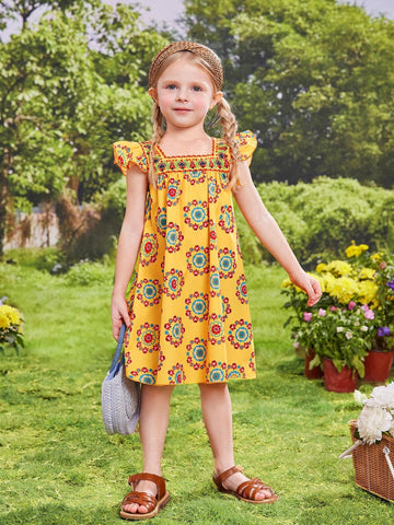 Young Girl Yellow Holiday Full Print Ruffle Armhole Dress