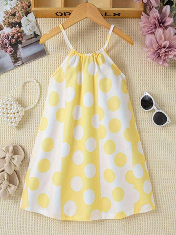 Young Girl Yellow & White Polka Dot Loose Casual Spaghetti Strap Dress