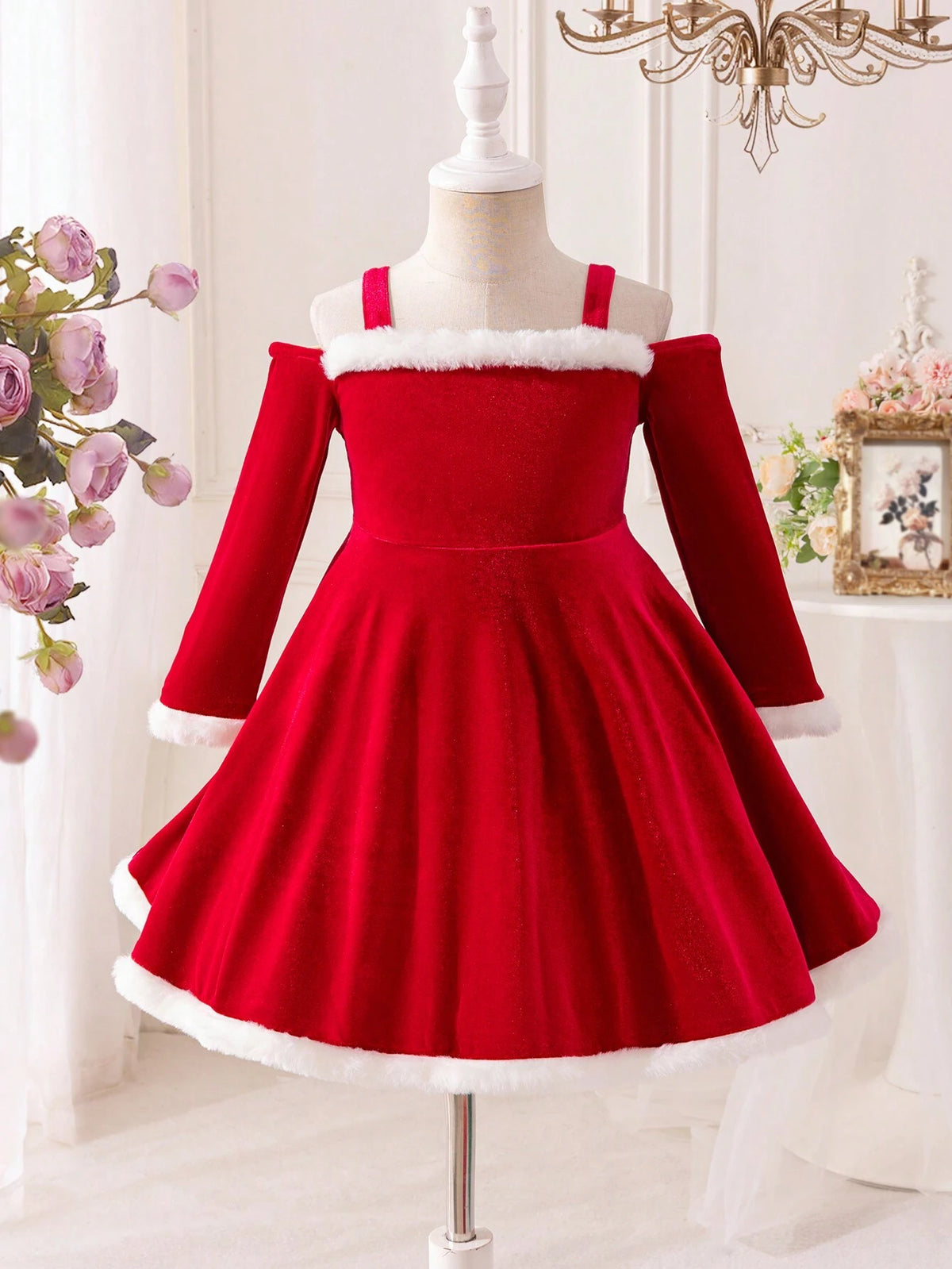Young Girl & Toddler Girl Christmas Red Velvet Mixed White Faux Fur Party Dress