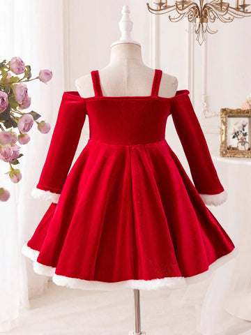Young Girl & Toddler Girl Christmas Red Velvet Mixed White Faux Fur Party Dress