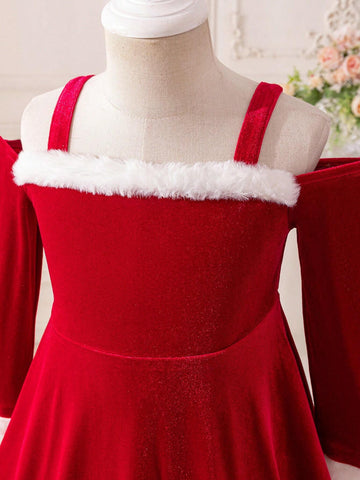 Young Girl & Toddler Girl Christmas Red Velvet Mixed White Faux Fur Party Dress