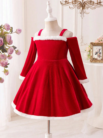 Young Girl & Toddler Girl Christmas Red Velvet Mixed White Faux Fur Party Dress