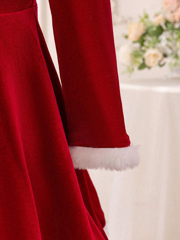 Young Girl & Toddler Girl Christmas Red Velvet Mixed White Faux Fur Party Dress
