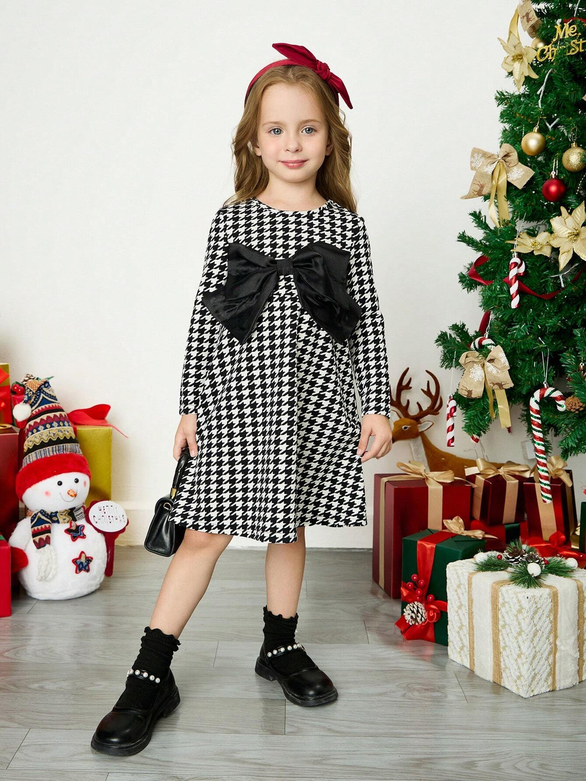 Young Girl 3D Butterfly Houndstooth Pattern Casual Dress, Suitable For Daily Wear