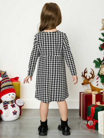 Young Girl 3D Butterfly Houndstooth Pattern Casual Dress, Suitable For Daily Wear