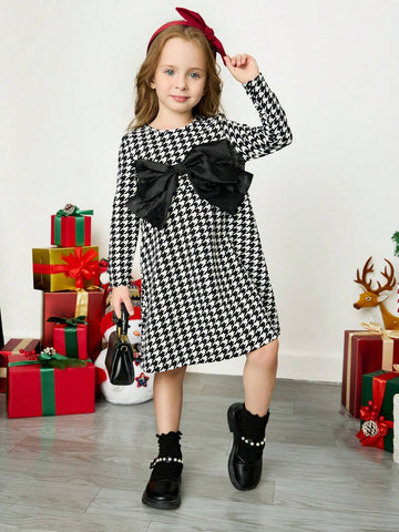 Young Girl 3D Butterfly Houndstooth Pattern Casual Dress, Suitable For Daily Wear