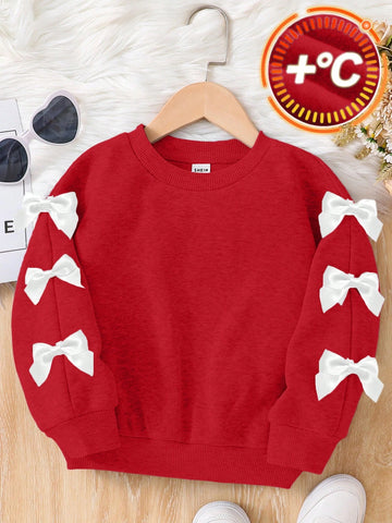Young Girl Bow Decor Crew Neck Sweatshirt, Suitable For Everyday Wear