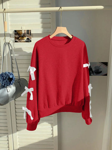 Young Girl Bow Decor Crew Neck Sweatshirt, Suitable For Everyday Wear