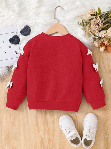 Young Girl Bow Decor Crew Neck Sweatshirt, Suitable For Everyday Wear