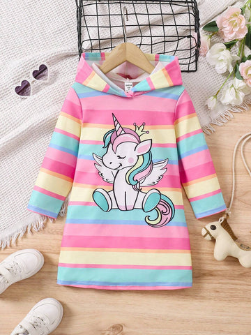 Young Girl Casual Cute Unicorn Striped Hooded Knitted Sweatshirt Dress, Comfortable & Versatile For Daily Wear, Suitable For Various Casual Occasions, Can Be Paired With Jackets, Coats And Other Outerwear