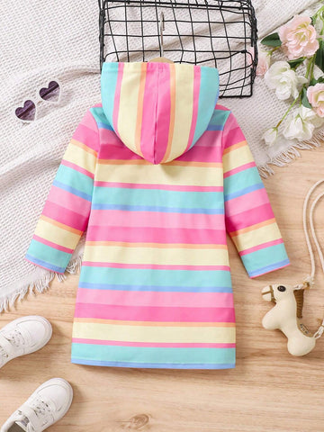 Young Girl Casual Cute Unicorn Striped Hooded Knitted Sweatshirt Dress, Comfortable & Versatile For Daily Wear, Suitable For Various Casual Occasions, Can Be Paired With Jackets, Coats And Other Outerwear