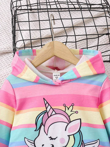 Young Girl Casual Cute Unicorn Striped Hooded Knitted Sweatshirt Dress, Comfortable & Versatile For Daily Wear, Suitable For Various Casual Occasions, Can Be Paired With Jackets, Coats And Other Outerwear