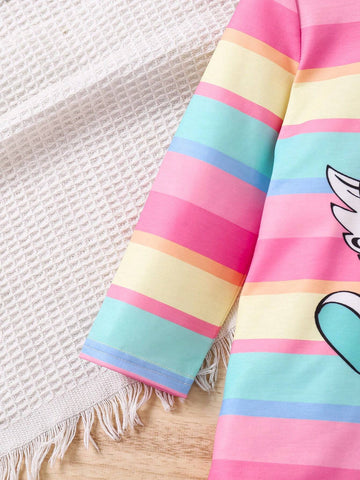 Young Girl Casual Cute Unicorn Striped Hooded Knitted Sweatshirt Dress, Comfortable & Versatile For Daily Wear, Suitable For Various Casual Occasions, Can Be Paired With Jackets, Coats And Other Outerwear