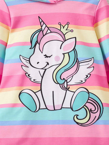 Young Girl Casual Cute Unicorn Striped Hooded Knitted Sweatshirt Dress, Comfortable & Versatile For Daily Wear, Suitable For Various Casual Occasions, Can Be Paired With Jackets, Coats And Other Outerwear