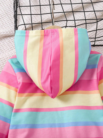 Young Girl Casual Cute Unicorn Striped Hooded Knitted Sweatshirt Dress, Comfortable & Versatile For Daily Wear, Suitable For Various Casual Occasions, Can Be Paired With Jackets, Coats And Other Outerwear
