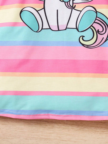 Young Girl Casual Cute Unicorn Striped Hooded Knitted Sweatshirt Dress, Comfortable & Versatile For Daily Wear, Suitable For Various Casual Occasions, Can Be Paired With Jackets, Coats And Other Outerwear