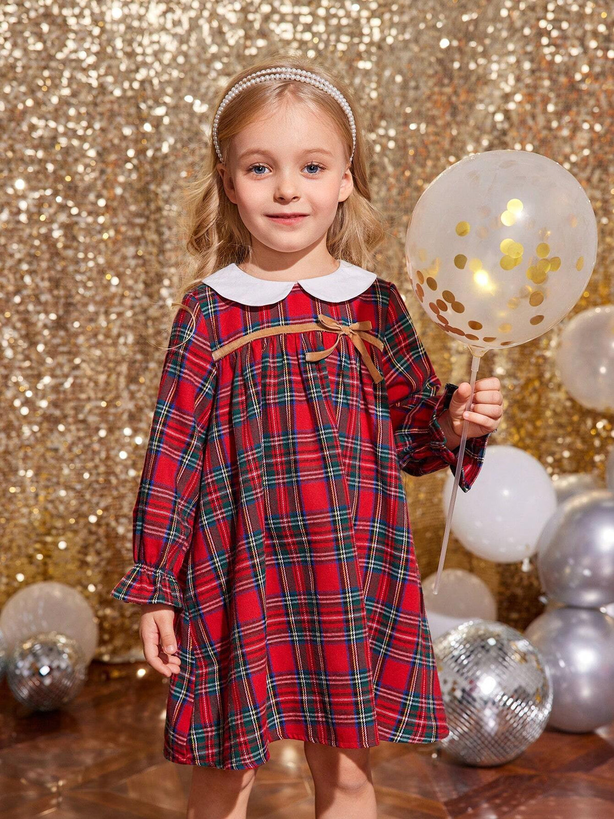 Young Girl & Young Girl Christmas Plaid Color Block Peter Pan Collar Casual Dress