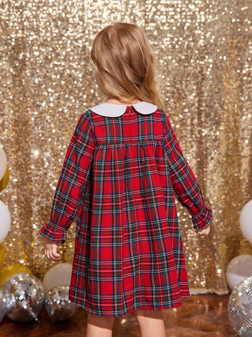 Young Girl & Young Girl Christmas Plaid Color Block Peter Pan Collar Casual Dress