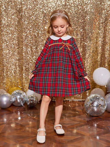 Young Girl & Young Girl Christmas Plaid Color Block Peter Pan Collar Casual Dress