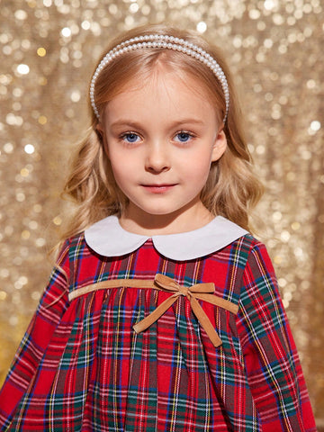 Young Girl & Young Girl Christmas Plaid Color Block Peter Pan Collar Casual Dress