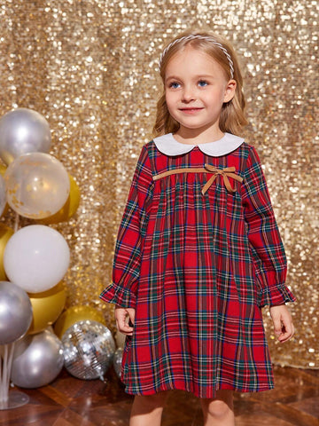 Young Girl & Young Girl Christmas Plaid Color Block Peter Pan Collar Casual Dress