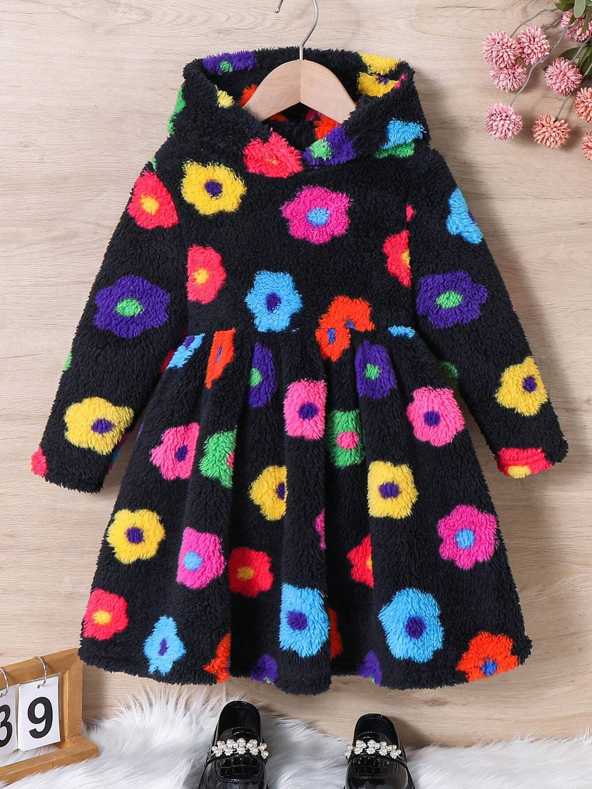 Young Girl Colorful Flower Print Hooded Double-Sided Fleece Dress, Suitable For Casual Daily Wear
