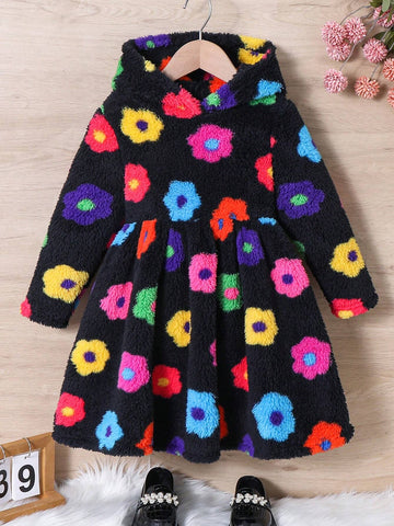 Young Girl Colorful Flower Print Hooded Double-Sided Fleece Dress, Suitable For Casual Daily Wear