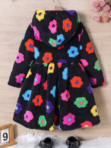 Young Girl Colorful Flower Print Hooded Double-Sided Fleece Dress, Suitable For Casual Daily Wear