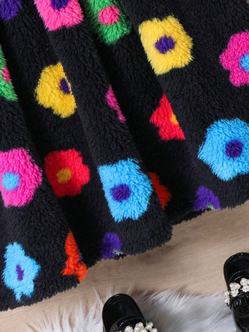 Young Girl Colorful Flower Print Hooded Double-Sided Fleece Dress, Suitable For Casual Daily Wear