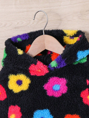 Young Girl Colorful Flower Print Hooded Double-Sided Fleece Dress, Suitable For Casual Daily Wear