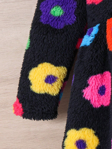 Young Girl Colorful Flower Print Hooded Double-Sided Fleece Dress, Suitable For Casual Daily Wear
