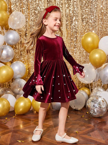 Young Girl Elegant Red Velvet Pearl Decor Christmas Party Dress