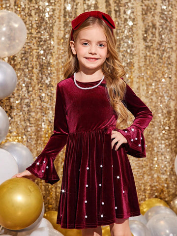 Young Girl Elegant Red Velvet Pearl Decor Christmas Party Dress