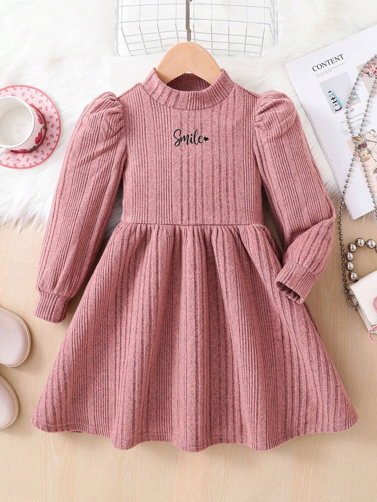 Young Girl High Collar Knitted Floral Embroidered Dress, Suitable For Casual Everyday Wear