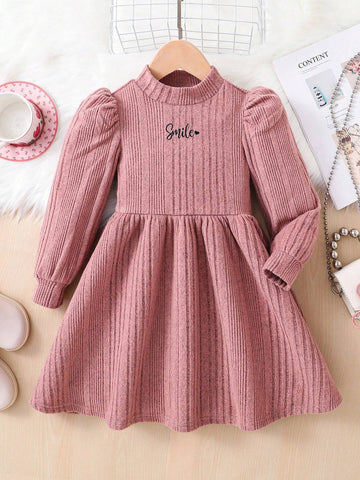 Young Girl High Collar Knitted Floral Embroidered Dress, Suitable For Casual Everyday Wear