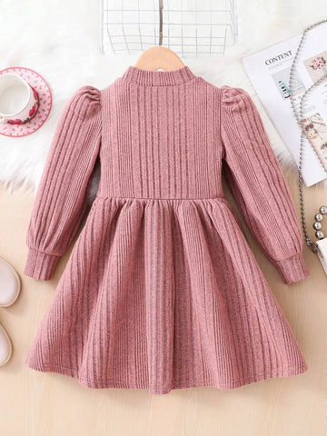 Young Girl High Collar Knitted Floral Embroidered Dress, Suitable For Casual Everyday Wear