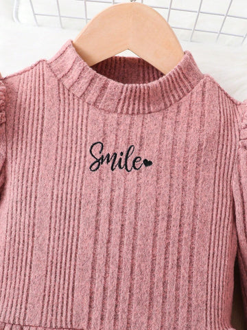 Young Girl High Collar Knitted Floral Embroidered Dress, Suitable For Casual Everyday Wear