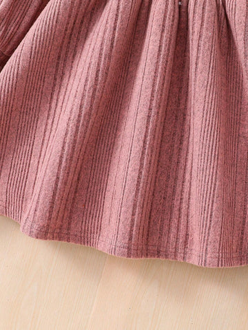 Young Girl High Collar Knitted Floral Embroidered Dress, Suitable For Casual Everyday Wear