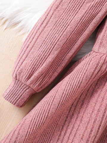 Young Girl High Collar Knitted Floral Embroidered Dress, Suitable For Casual Everyday Wear