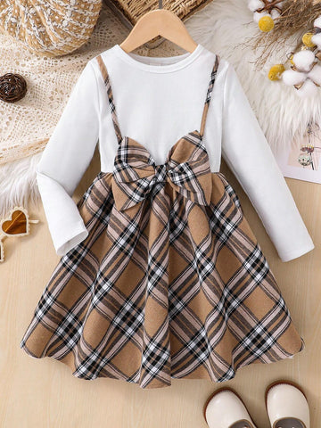 Young Girl Plaid Patchwork Knit Casual Dress, For Daily Wear