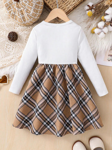 Young Girl Plaid Patchwork Knit Casual Dress, For Daily Wear