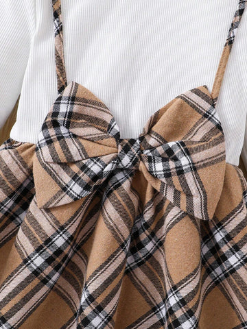 Young Girl Plaid Patchwork Knit Casual Dress, For Daily Wear